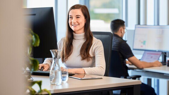 A Blum expert is working on a PC in the office.