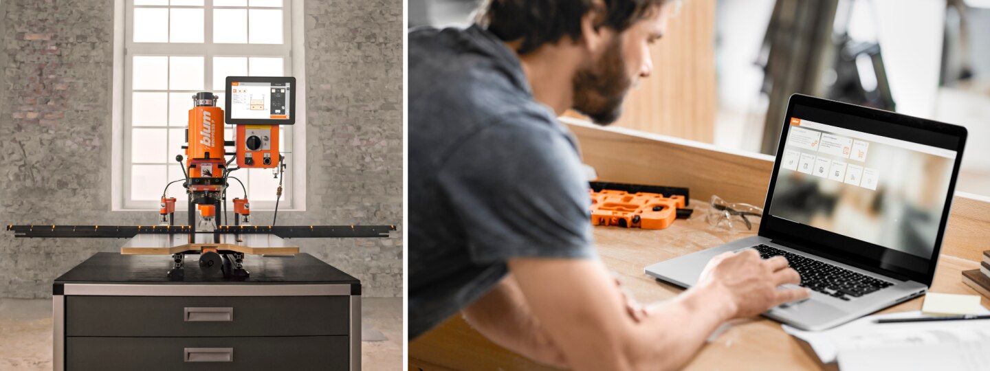 Blum MINIPRESS P machine with EASYSTICK and man working on laptop
